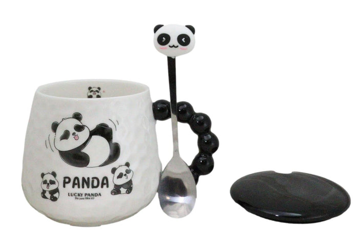 Ebros Gift Ceramic Cute Lucky Panda Bear Cartoon With Lid And Panda Head Spoon Mug Cup