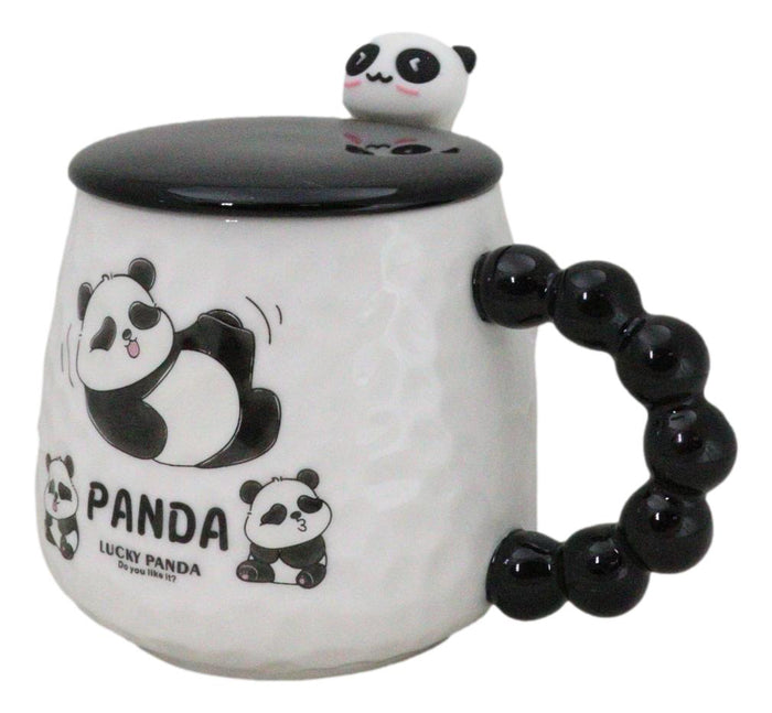 Ebros Gift Ceramic Cute Lucky Panda Bear Cartoon With Lid And Panda Head Spoon Mug Cup