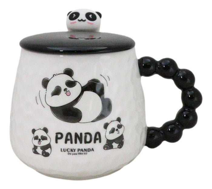 ebros gift Ceramic Cute Lucky Panda Bear Cartoon With Lid And Panda Head Spoon Mug Cup