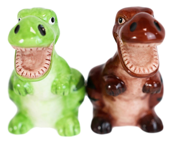 Ebros Gift Ceramic Green And Brown T Rex Jurassic Dinosaurs Salt And Pepper Shakers Set