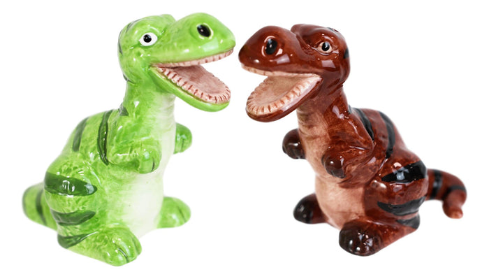 Ebros Gift Ceramic Green And Brown T Rex Jurassic Dinosaurs Salt And Pepper Shakers Set
