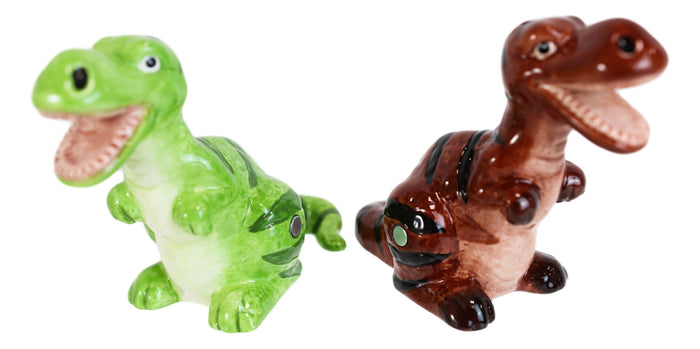 Ebros Gift Ceramic Green And Brown T Rex Jurassic Dinosaurs Salt And Pepper Shakers Set