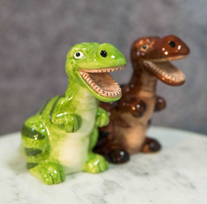 ebros gift Ceramic Green And Brown T Rex Jurassic Dinosaurs Salt And Pepper Shakers Set
