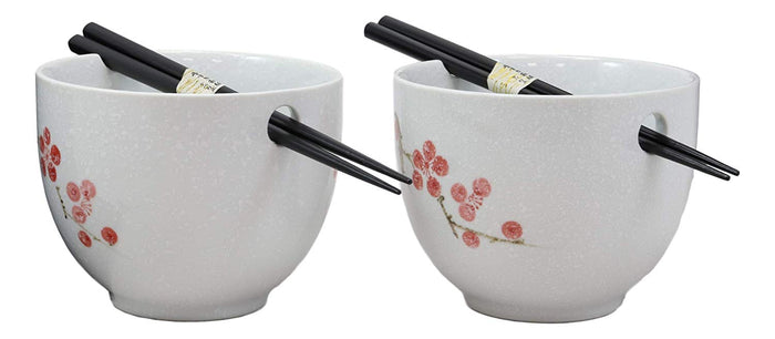 Ebros Gift Ceramic Japanese Sakura Pink Cherry Blossoms Ramen Noodle Bowls Chopsticks Set 2