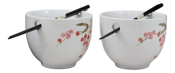 Ebros Gift Ceramic Japanese Sakura Pink Cherry Blossoms Ramen Noodle Bowls Chopsticks Set 2