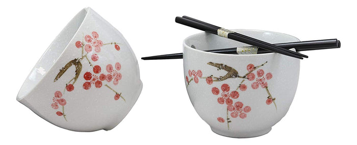 Ebros Gift Ceramic Japanese Sakura Pink Cherry Blossoms Ramen Noodle Bowls Chopsticks Set 2