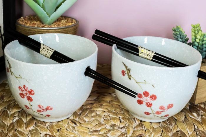 ebros gift Ceramic Japanese Sakura Pink Cherry Blossoms Ramen Noodle Bowls Chopsticks Set 2
