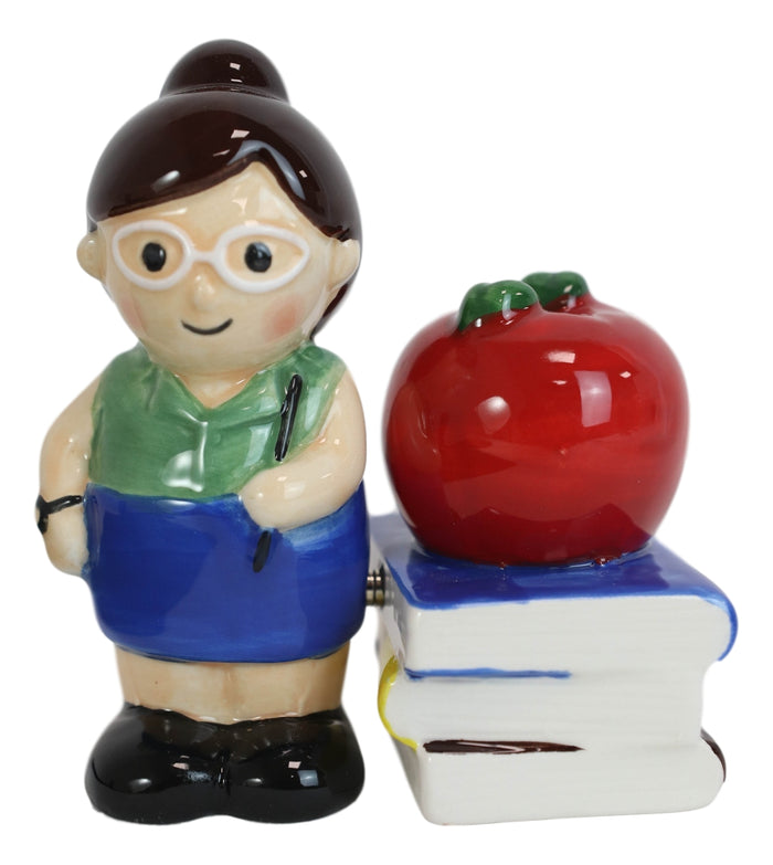 Ebros Gift Ceramic Lady School Teacher And Red Apple Books Salt Pepper Shakers Figurine Set