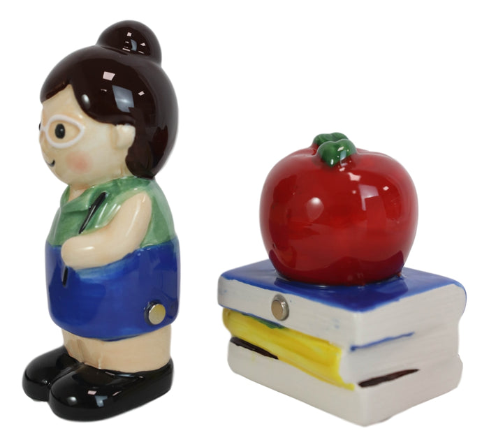 Ebros Gift Ceramic Lady School Teacher And Red Apple Books Salt Pepper Shakers Figurine Set