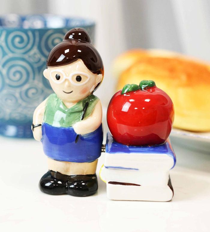 ebros gift Ceramic Lady School Teacher And Red Apple Books Salt Pepper Shakers Figurine Set