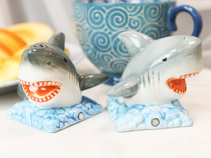 Ebros Gift Ceramic Nautical Ocean Great White Sharks Salt And Pepper Shakers Figurine Set