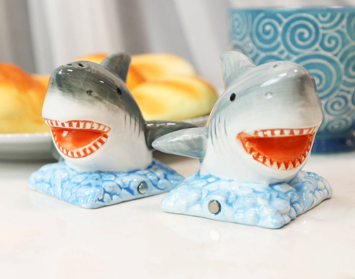 ebros gift Ceramic Nautical Ocean Great White Sharks Salt And Pepper Shakers Figurine Set