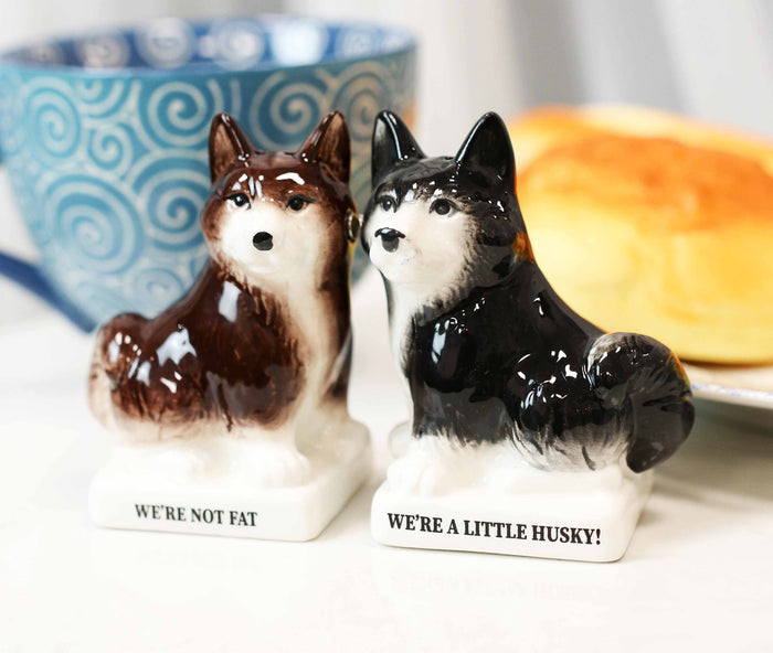 ebros gift Ceramic 'Not Fat' Black Brown Huskies Dogs Salt And Pepper Shakers Figurine Set