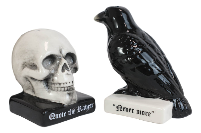 Ebros Gift Ceramic Quote The Raven Nevermore Skull Salt And Pepper Shakers Figurine Set