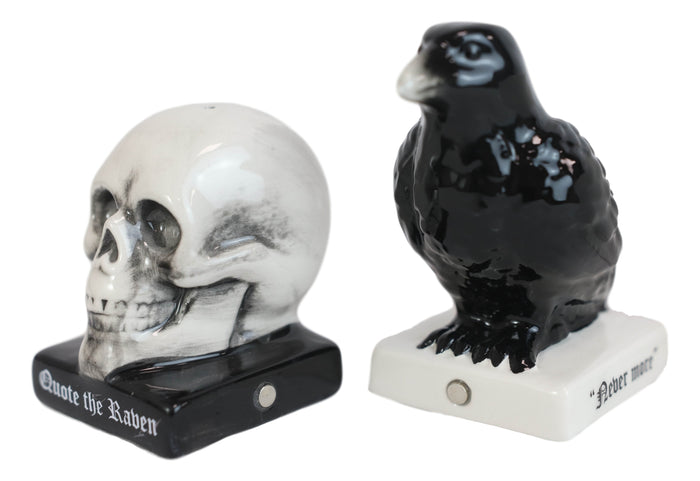 Ebros Gift Ceramic Quote The Raven Nevermore Skull Salt And Pepper Shakers Figurine Set