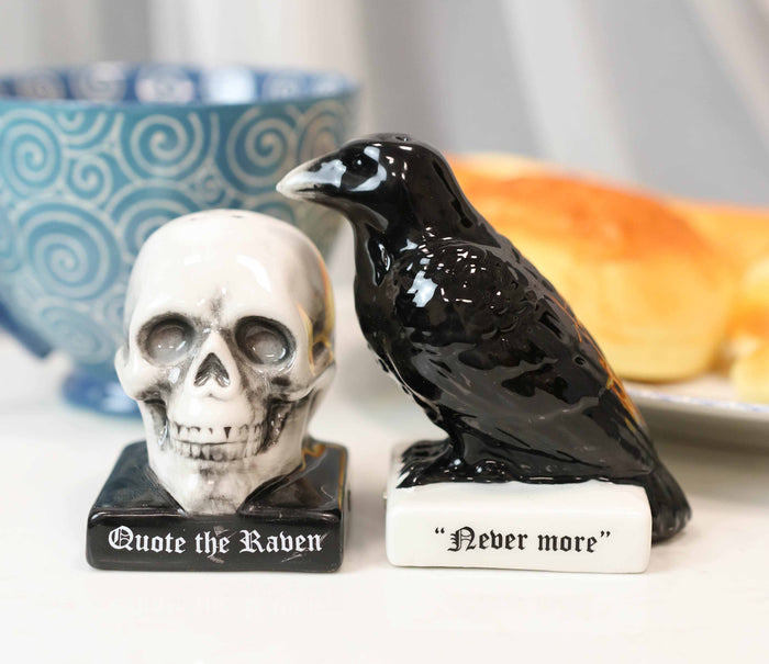 ebros gift Ceramic Quote The Raven Nevermore Skull Salt And Pepper Shakers Figurine Set