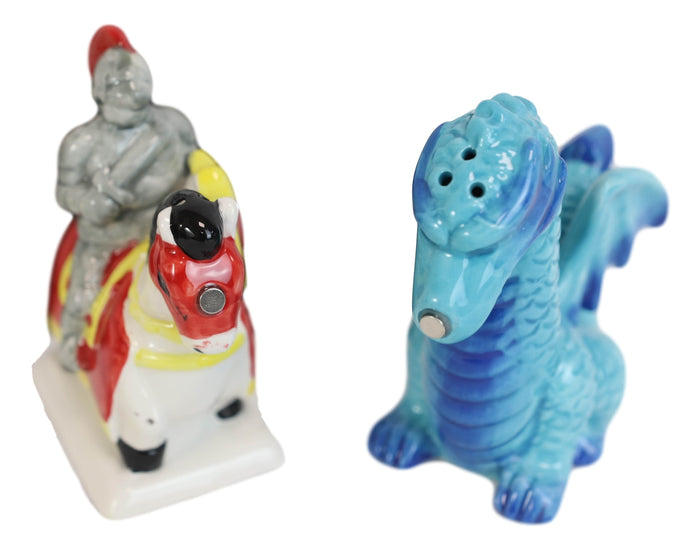 Ebros Gift Ceramic Saint George The Knight And Blue Dragon Salt Pepper Shakers Figurine Set