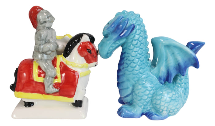 Ebros Gift Ceramic Saint George The Knight And Blue Dragon Salt Pepper Shakers Figurine Set