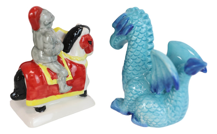 Ebros Gift Ceramic Saint George The Knight And Blue Dragon Salt Pepper Shakers Figurine Set
