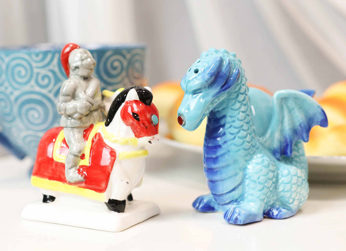 ebros gift Ceramic Saint George The Knight And Blue Dragon Salt Pepper Shakers Figurine Set