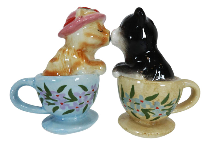Ebros Gift Ceramic Tabby And Black Cats In Tea Cups Magnetic Salt And Pepper Shaker Set