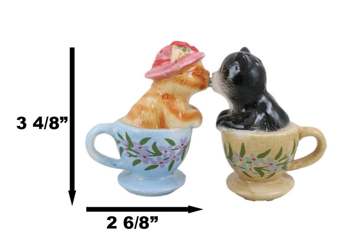 Ebros Gift Ceramic Tabby And Black Cats In Tea Cups Magnetic Salt And Pepper Shaker Set