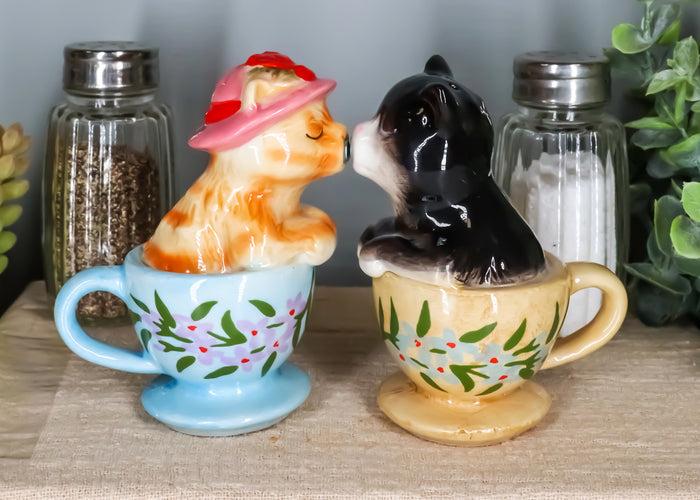 ebros gift Ceramic Tabby And Black Cats In Tea Cups Magnetic Salt and Pepper Shaker Set
