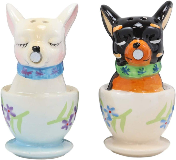 Ebros Gift Ceramic Teacup Black White Chihuahua Dogs Kissing Salt And Pepper Shakers Set