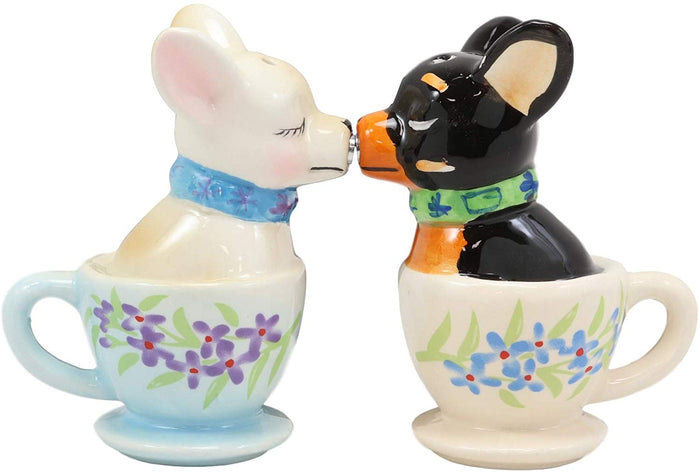 Ebros Gift Ceramic Teacup Black White Chihuahua Dogs Kissing Salt And Pepper Shakers Set