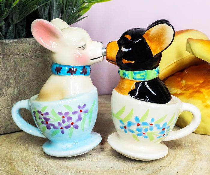 ebros gift Ceramic Teacup Black White Chihuahua Dogs Kissing Salt And Pepper Shakers Set