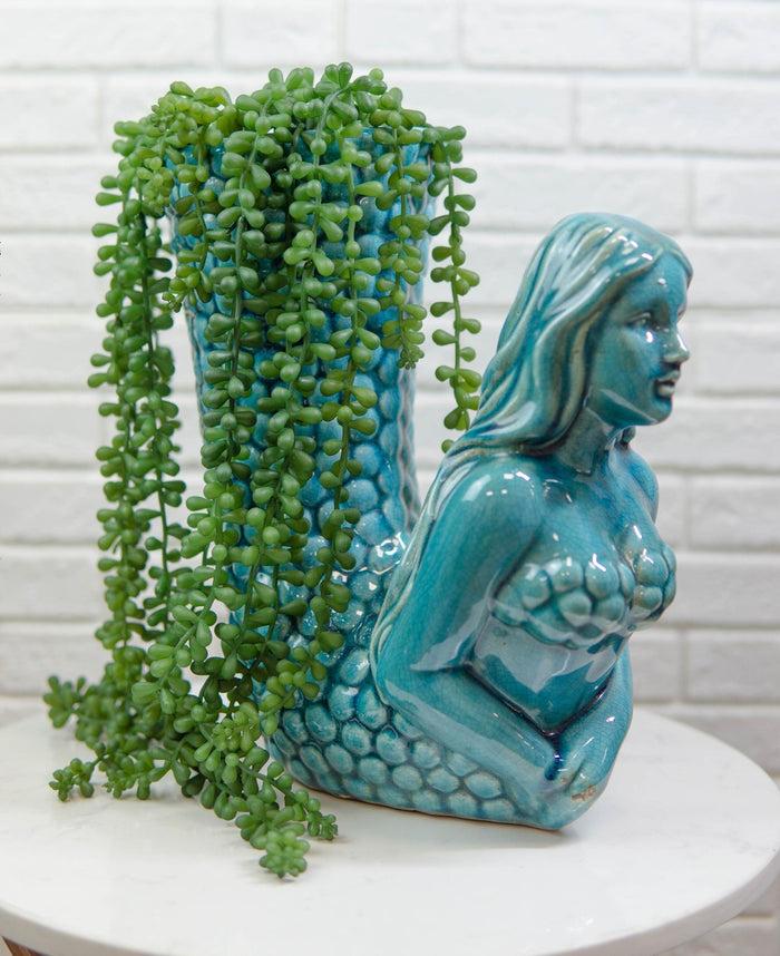 ebros gift Ceramic Weathered Turquoise Mermaid Vase Planter Pot Utensil Or Wine Holder