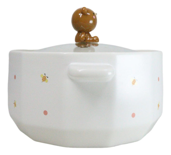 Ebros Gift Ceramic Whimsical Honey Bees Bear 30oz Noodle Dessert Food Bowl W/ Glass Lid