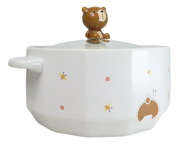 Ebros Gift Ceramic Whimsical Honey Bees Bear 30oz Noodle Dessert Food Bowl W/ Glass Lid