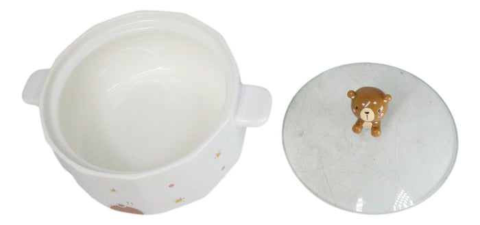 Ebros Gift Ceramic Whimsical Honey Bees Bear 30oz Noodle Dessert Food Bowl W/ Glass Lid
