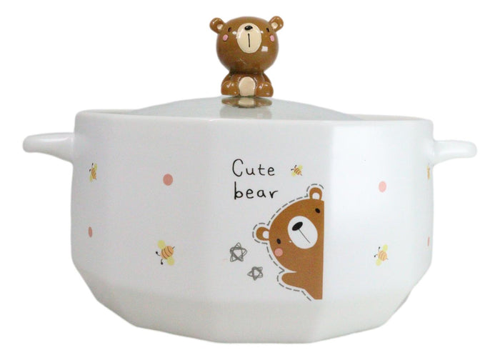 ebros gift Ceramic Whimsical Honey Bees Bear 30oz Noodle Dessert Food Bowl W/ Glass Lid