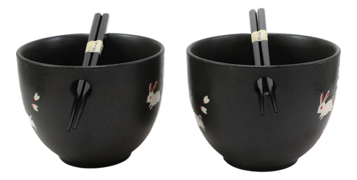 Ebros Gift Ceramic White Moon Rabbit Hare Ramen Noodles Soup Bowls With Chopsticks Set Of 2