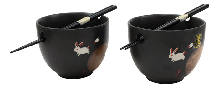 Ebros Gift Ceramic White Moon Rabbit Hare Ramen Noodles Soup Bowls With Chopsticks Set Of 2