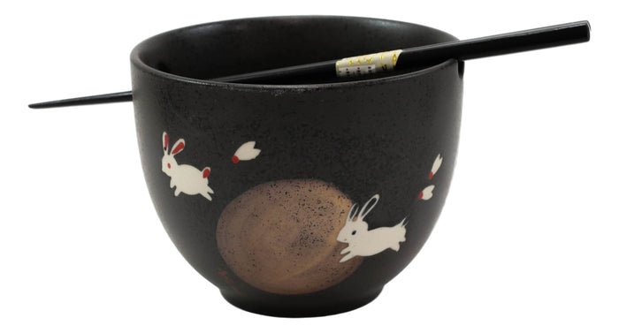 Ebros Gift Ceramic White Moon Rabbit Hare Ramen Noodles Soup Bowls With Chopsticks Set Of 2