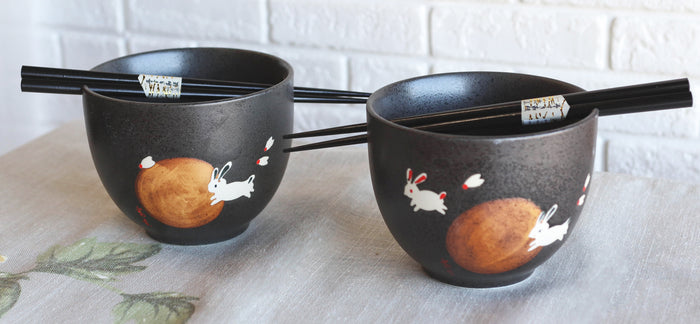 ebros gift Ceramic White Moon Rabbit Hare Ramen Noodles Soup Bowls With Chopsticks Set Of 2
