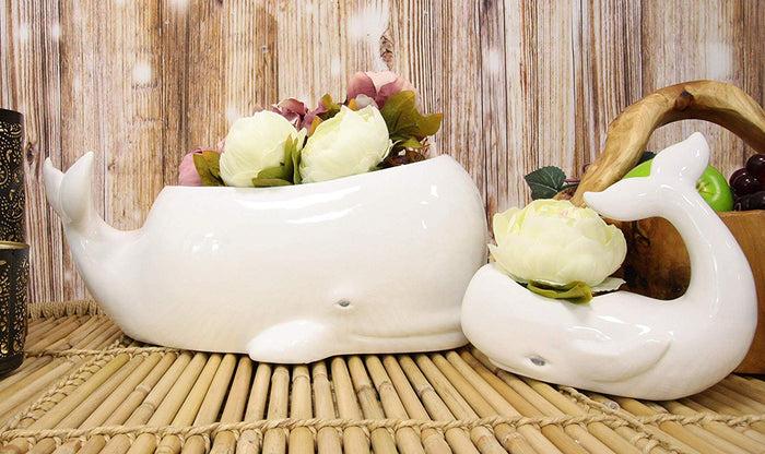 Ebros Gift Ceramic White Nautical Sea Marine Sperm Whale Planter Pot Figurines Set Of 2