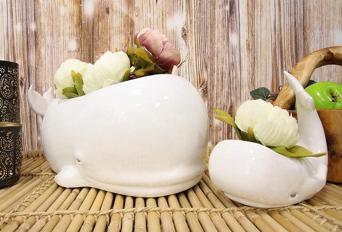 ebros gift Ceramic White Nautical Sea Marine Sperm Whale Planter Pot Figurines Set Of 2