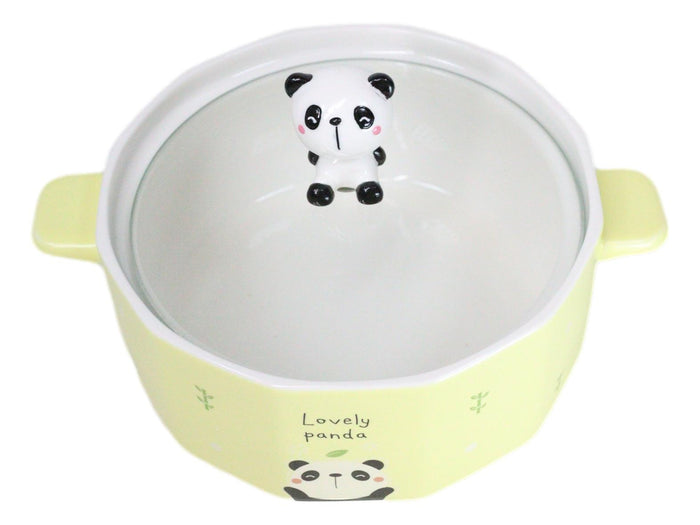 Ebros Gift Ceramic Yellow Lovely Panda 30oz Noodle Dessert Food Bowl W/ Glass Lid