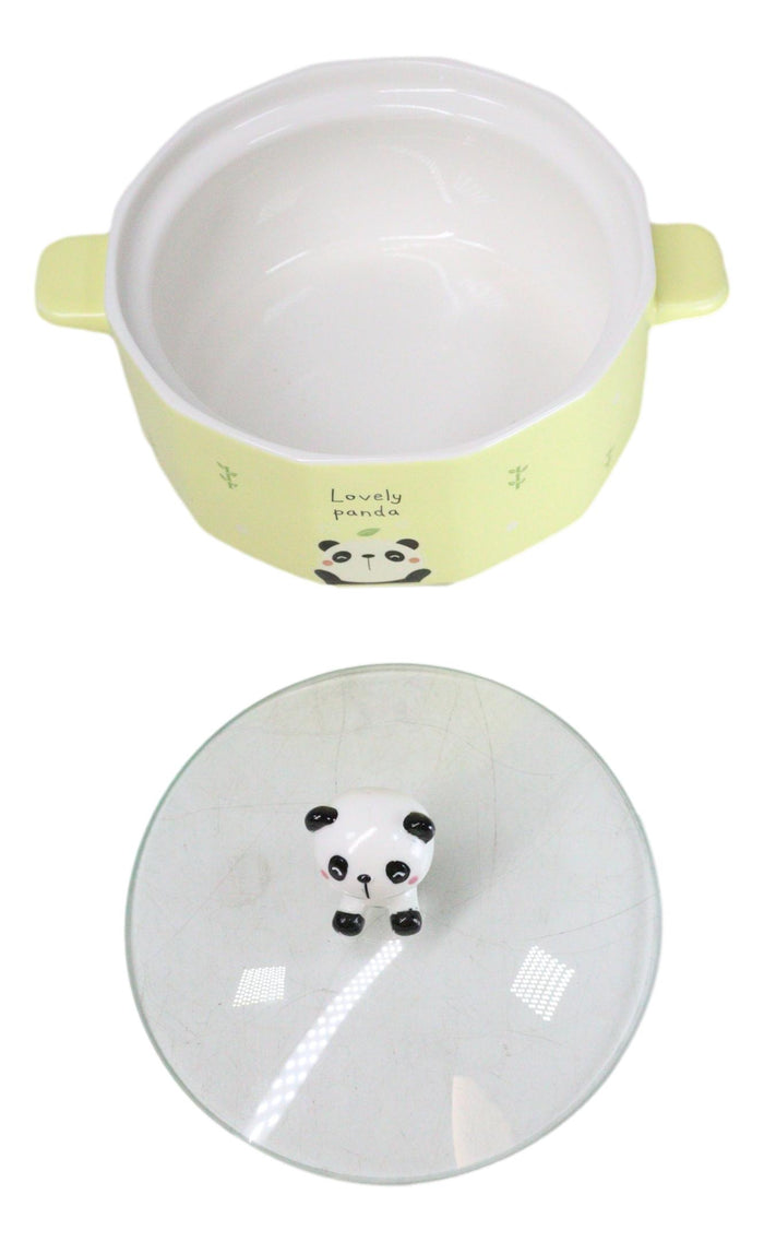 Ebros Gift Ceramic Yellow Lovely Panda 30oz Noodle Dessert Food Bowl W/ Glass Lid