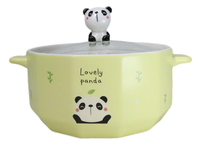 ebros gift Ceramic Yellow Lovely Panda 30oz Noodle Dessert Food Bowl W/ Glass Lid