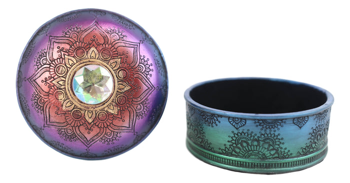 Ebros Gift Chakra Rainbow Buddhist Mandala Wheel And Glass Cabochon Decorative Jewelry Box