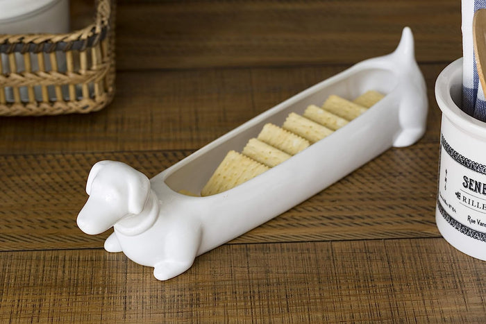 ebros gift Chic Dachshund Puppy Dog White Ceramic Serving Platter Plate Cracker Dish Tray