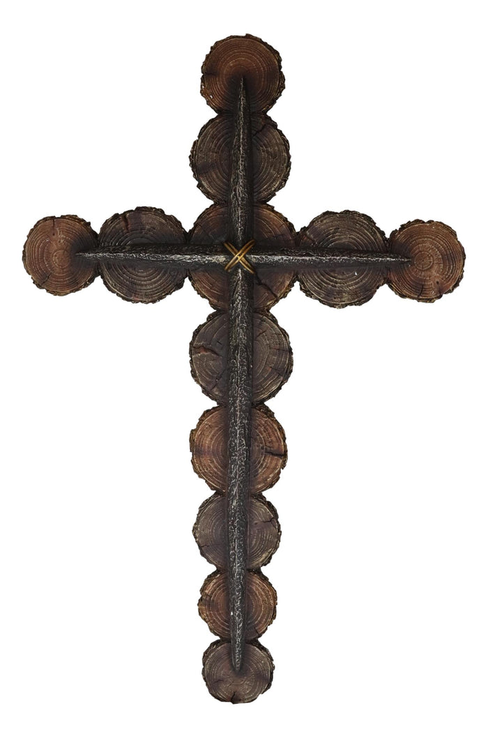 Ebros Gift Christian Rustic Tree Bark Log Circles With Layered Nail Spikes Wall Cross