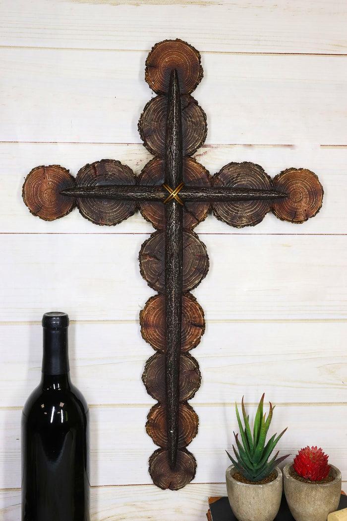 ebros gift Christian Rustic Tree Bark Log Circles With Layered Nail Spikes Wall Cross