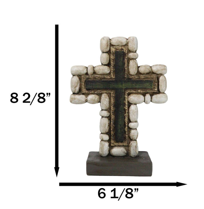 Ebros Gift Christian Standing Layered Cross With Rustic Pebble Rocks Faux Wood Finish
