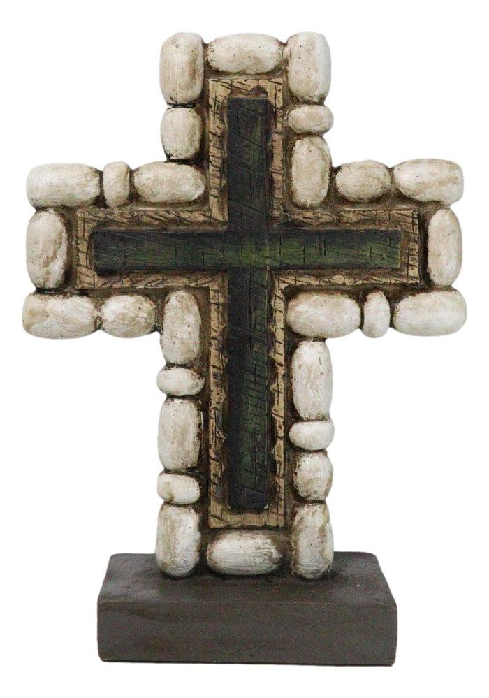 ebros gift Christian Standing Layered Cross With Rustic Pebble Rocks Faux Wood Finish